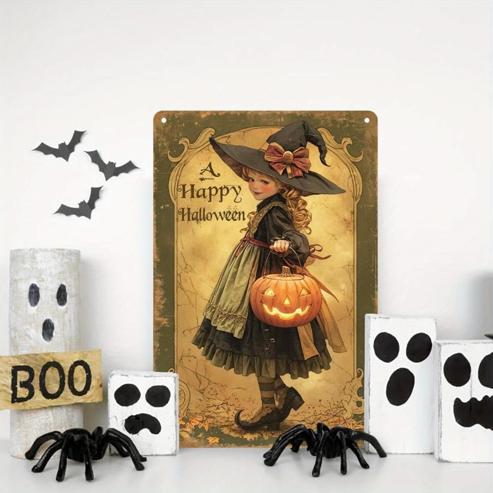 Vintage Halloween Witch Girl with Pumpkin Metal Sign Vintage Home Decor 8x12 Inch Wall Art No Electricity Required Wall Hangable