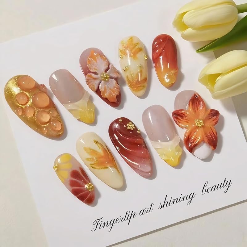 Flower Press on Nails Short Almond Fake Nails Spring Summer Nails Shell French Tip False Nails Press ons with Pearl Design Glossy Acrylic Reusable