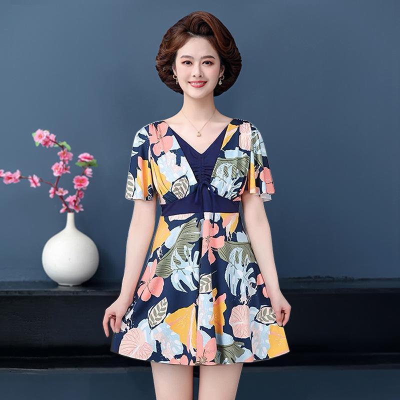 Large Size Middle Aged Women Two Pieces Modest Swimsuit Printed Drawstring Swim Dress Boyshorts Swimwear Set Short Sleeves Hot Spring Bathing Suit
