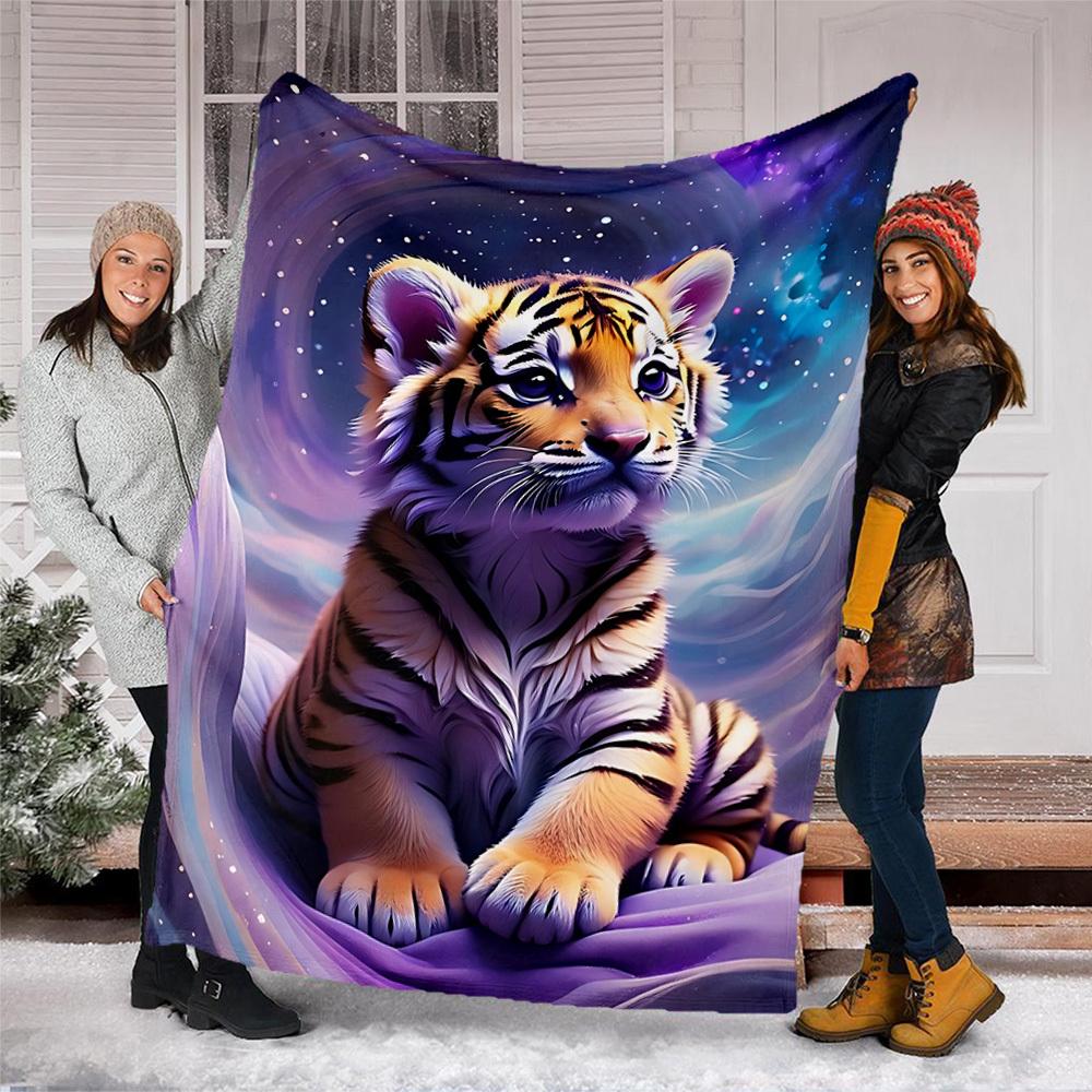 1pc Tiger Cub Fantasy Throw Blanket Polyester Fiber, Lightweight Flannel, Soft & Warm, All Season Use for Outdoor, Camping Digital Print
