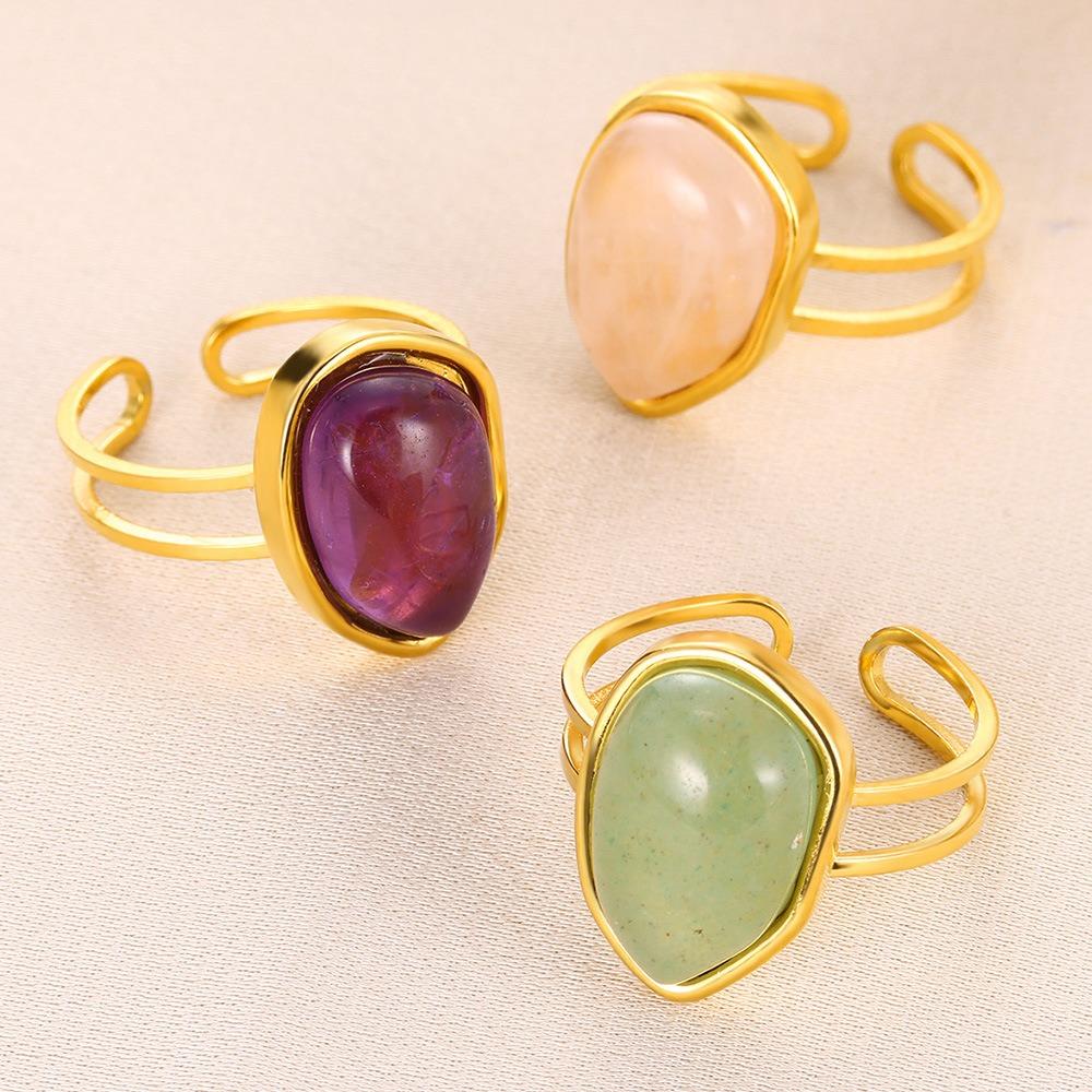Temperament Retro Geometry Water Drop Natural Stone Stainless Steel Double Layer Adjustable Opening Rings for Women Jewelry Gift