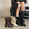 Two Wear Removable Knee Boots 2025 Summer New Retro Thick Heel Rivet High Tube Stacking Boots
