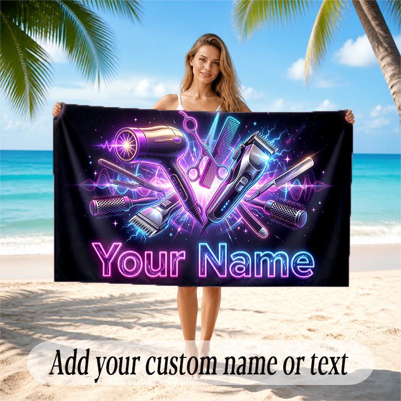 Barber Salon Theme Quick Dry Beach Towel Custom Name Text Print Large Sand Resistant Towel Beach Vacation