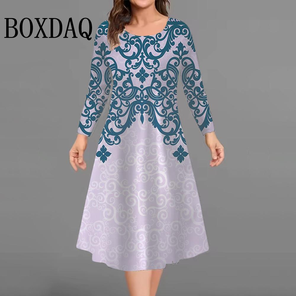 Plus Size Women Dresses Loose Casual Long Sleeve O-Neck Dress 3D Flowers Print Big Size Streetwear Clothing Ladies Dress
