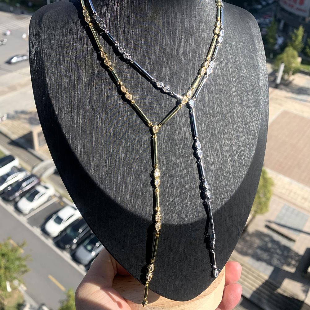 New Special Water Drop Bling Oval CZ Choker Necklace Gold Plated Lariat Long Bar Tear Drop Y Shape Long Tassel Women Jewelry Set