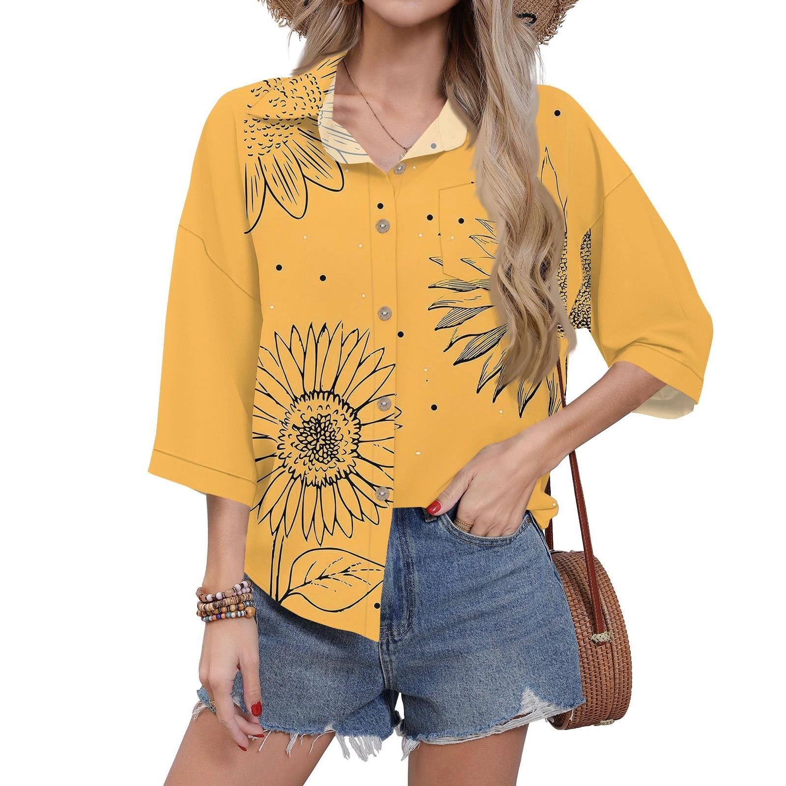 

Women s Casual Print Button-down Shirt Three-quarter Sleeve Dress Shirt Lapel Work Shirt With Pockets XXL оранжевый