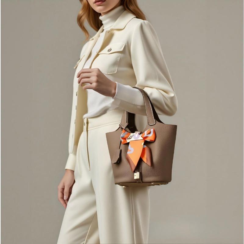 New Bag, Water Bucket, Vegetable Basket, Women's Bag, Leather Top Layer, Hand-held Mommy Bag, Bride's Wedding Bag, High-end Silk Scarf
