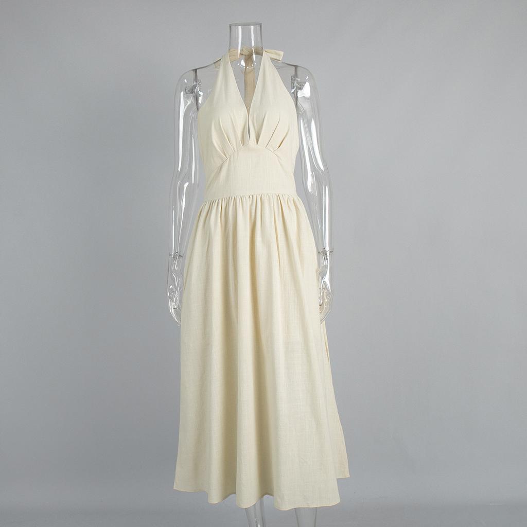 Pure cotton long dress, European, American spring and summer waist V-neck strap long dress, big swing dress women