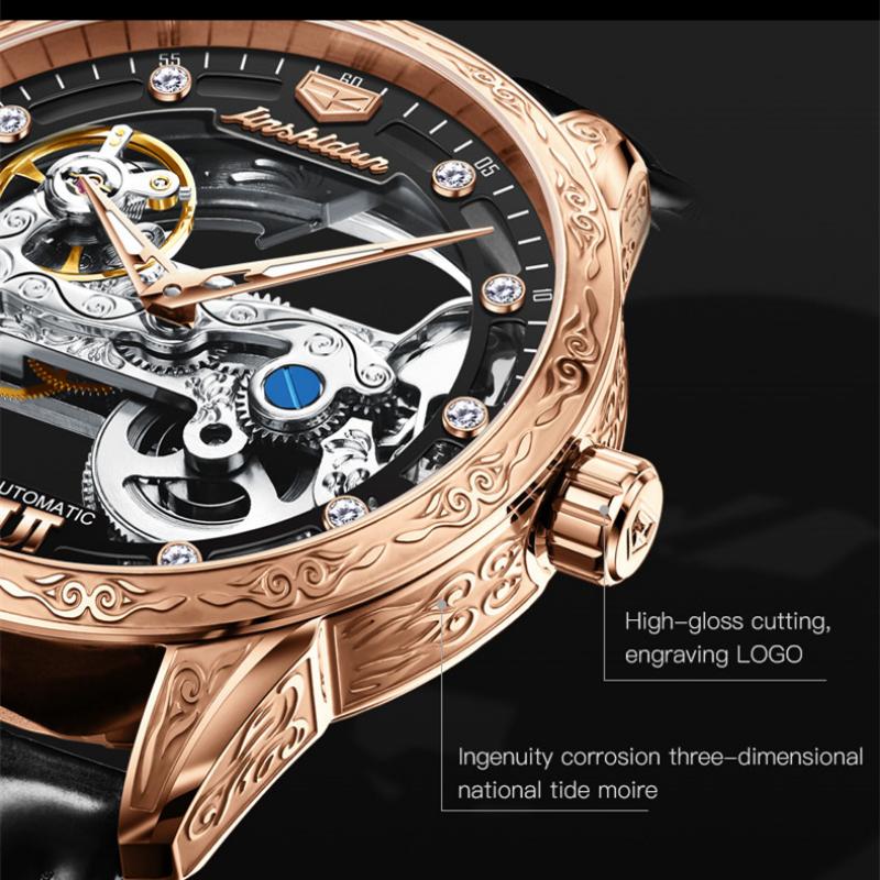 JINSHIDUN New Business and Leisure Men's Watch Fully Automatic Mechanical Watch Perspective Hollow Dial High-end Watch