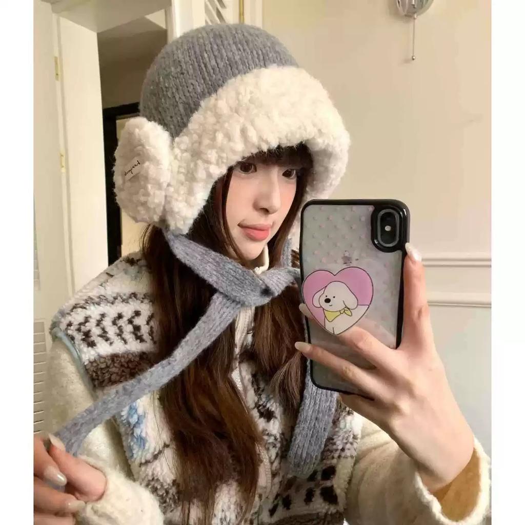 Autumn and winter plush thickened red ear protectors wool hat women's big head circumference warm knitted hat strapped Lei Feng hat tide