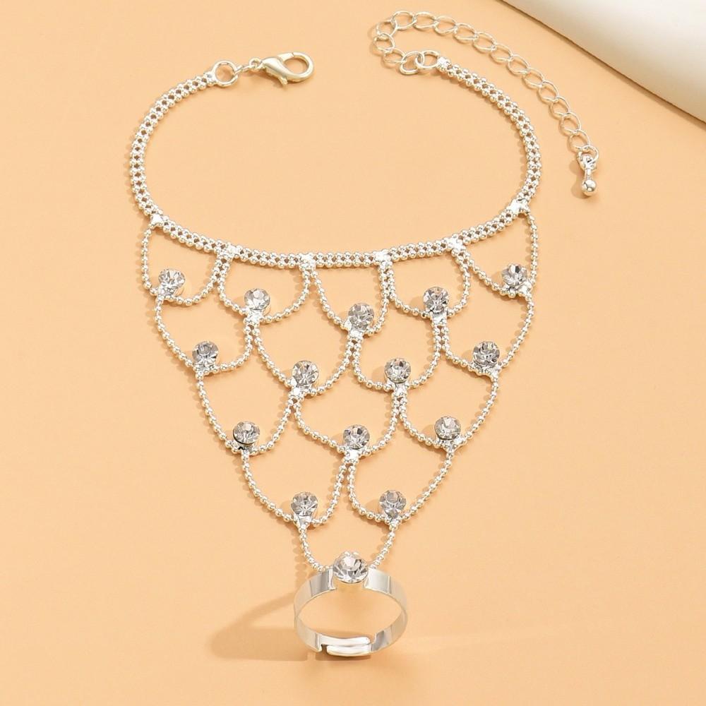 Vintage Rhinestone Inlaid Finger Ring Bracelet Luxury Elegant Hand Chain Wedding Party