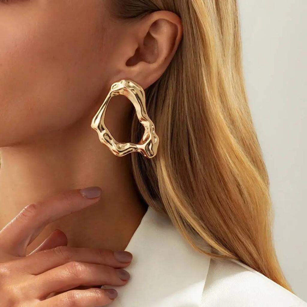 IngeSight.Z Exaggerated Geometric Gold Color Hollow Stud Earring Women New Trendy Irregular Metal Fold Piercing Ear Jewelry Gift