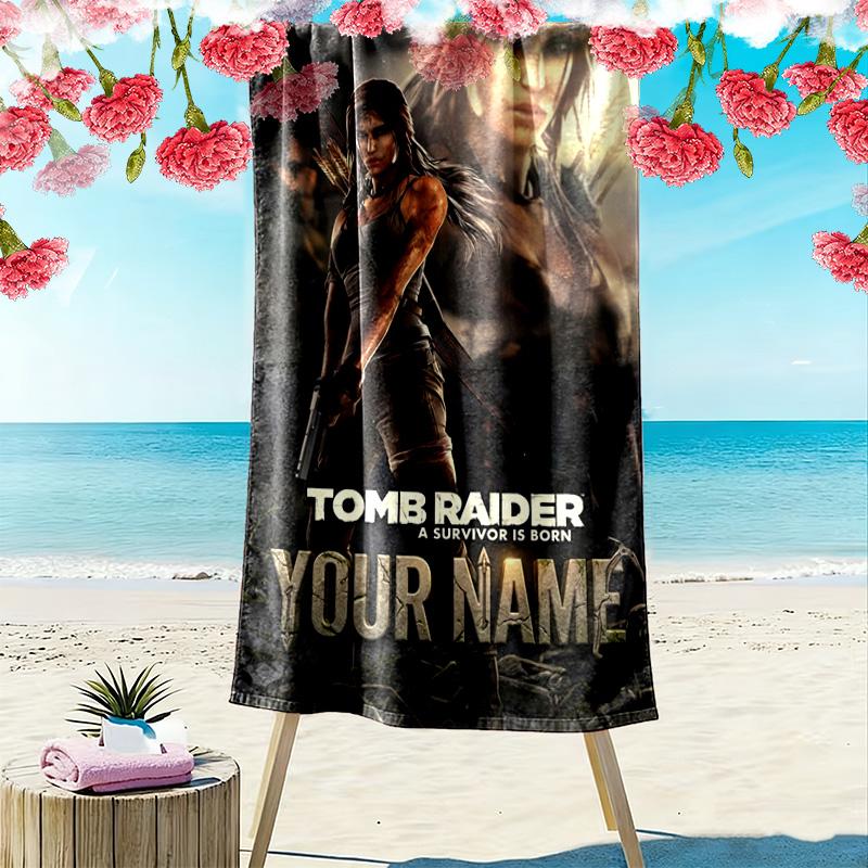 Name Custom Tomb Raider Print Beach Towel, Large Soft Quick Dry Towel for Beach Camping Swimming