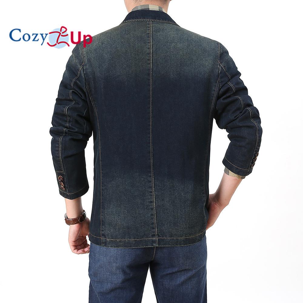 Cozy Up Men`s Vintage Label Collar Denim Jeans Jacket Trench Coat
