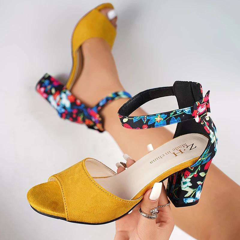 Fashion High Heel Sandals Plus Size Mix Color Peep Toe Shoes Women Vintage Summer Cover Heel Sandal Ladies Fashion Thick Sole Sandals