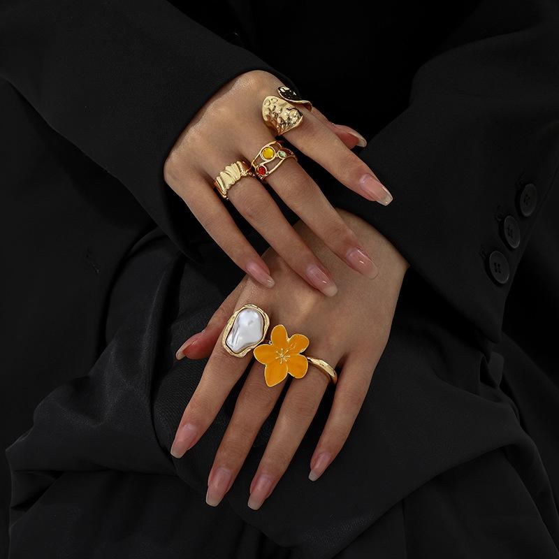 Design Liquid Lava Flower Opening Ring ins Baroque Imitation Pearl Alloy Ring