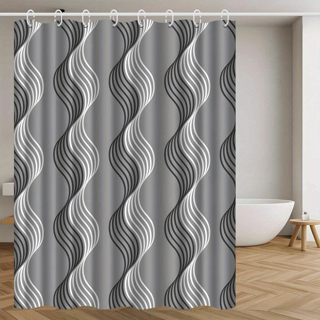 Abstrakte Wellenlinien Duschvorhang Grau und Weiß Geometrisches Design Wasserdicht Bad Dekor Elegante Zeitgenössische Badezimmer Vorhänge