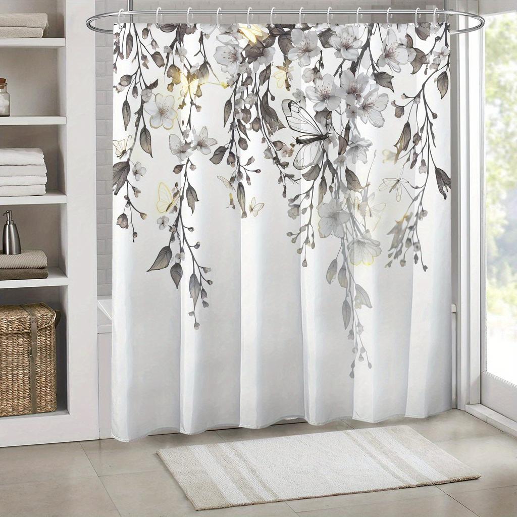 1Pc White Gray Peach Flower Print Shower Curtain With Hooks, Polyester Fabric, Window And Wall, Suitable For Bathroom