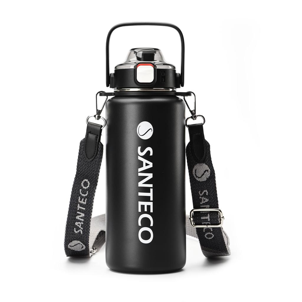 SANTECO Vacuum Insulated Sports Water with Detachable Shoulder Keeps Cold or Includes Compatible with Direct Drinking Sports Stylish Wide Black