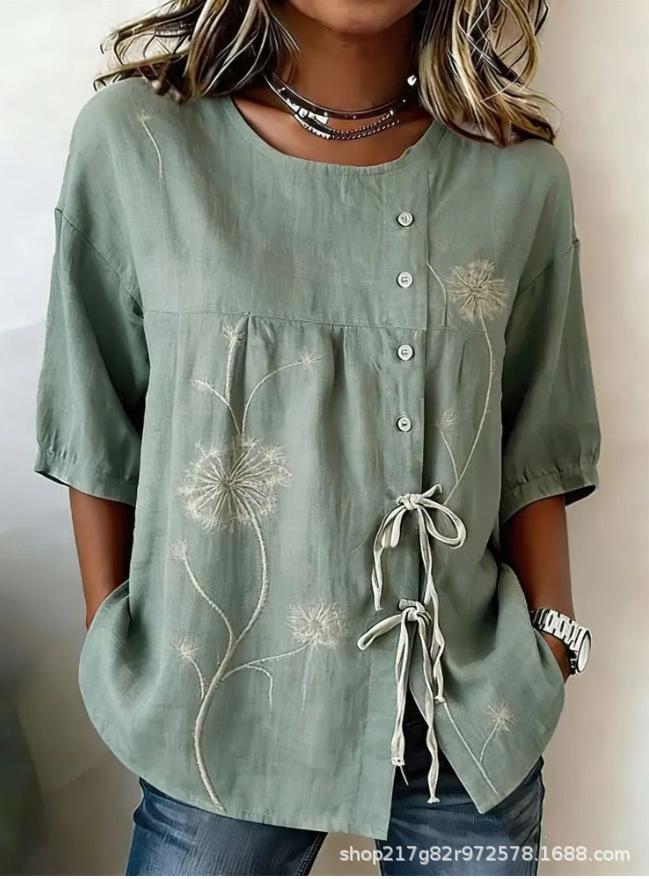 European and American summer new women's tops, shirts, geometric printing buttons, drawstrings, half-sleeved tops, T-shirts, women's clothing
