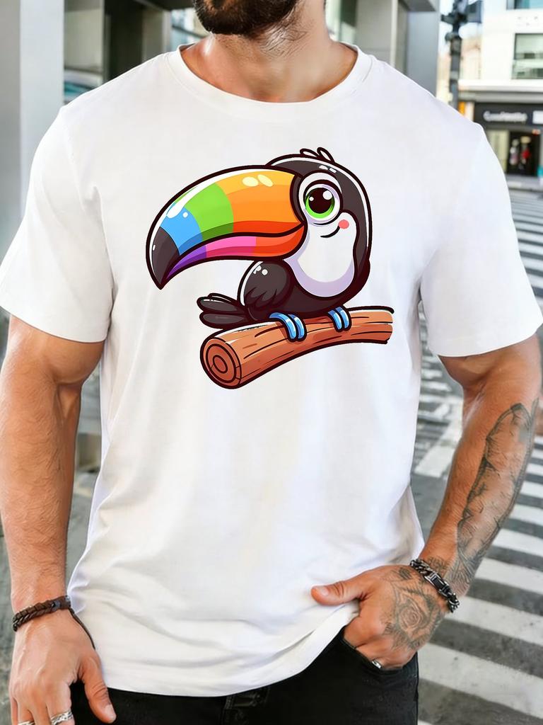 Unisex Soft Cotton Crew Neck Tee Cute Cartoon Rainbow Beak Toucan Perched On Branch Print Loose Animal Tropical Daily Holiday Tops