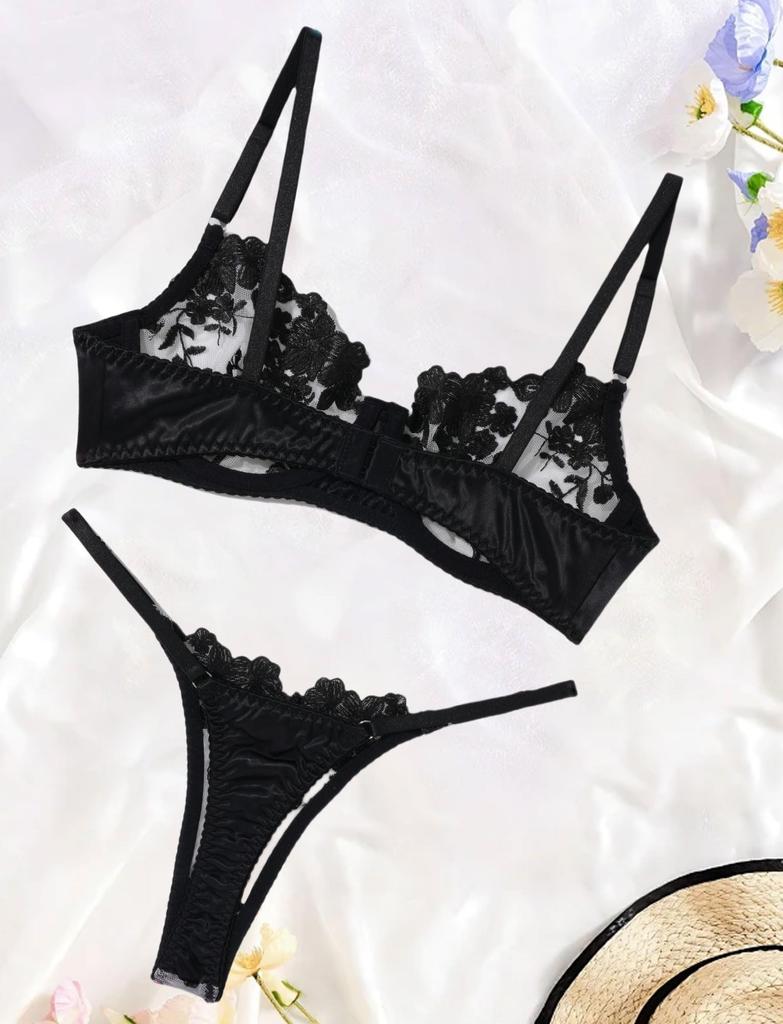 Panegy Sexy Bra and Panty Padless Lace Bra and Lingerie with Floral Beautiful Size L Women's Set, Ultra-Thin Underwear, Thongs, See-Through