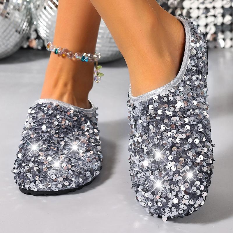 Fashion Women's Sequined Baotou Semi-slippers Wear New Autumn Temperament with Skirt Non-slip Flat Lazy Sandals and Slippers