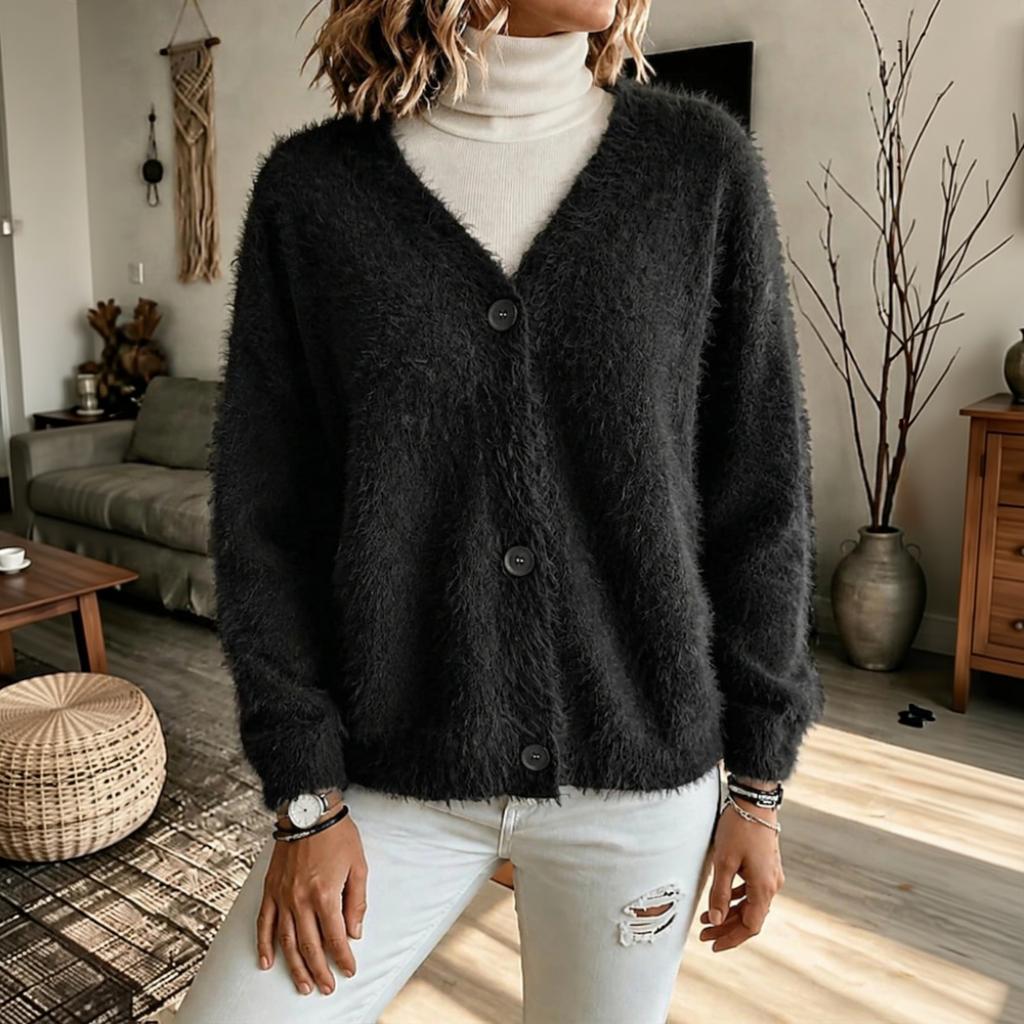 Women's V-Neck Fuzzy Long Sleeve Loose Fit Sweater Coat