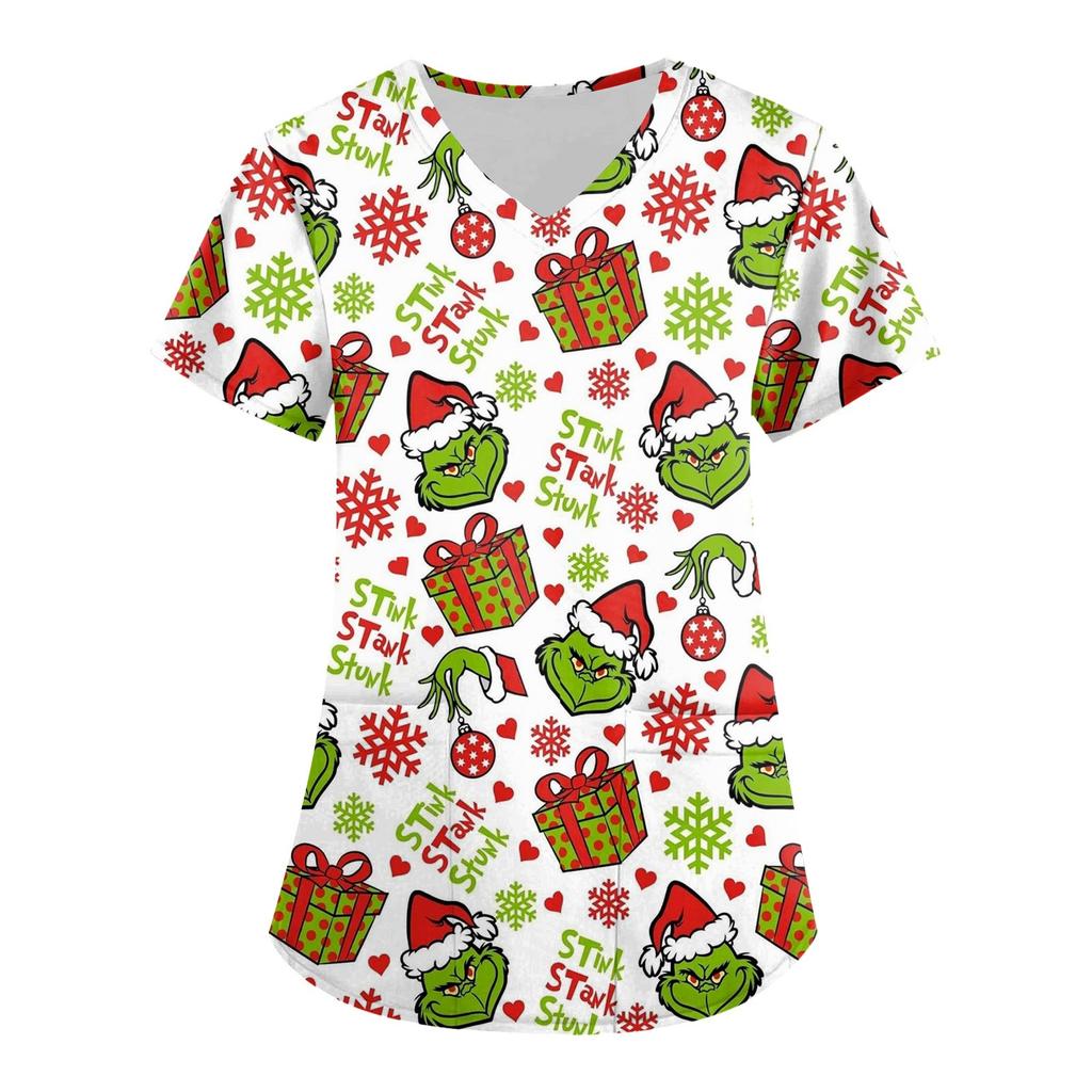 Moda Femenina Estampado Manga Corta Cuello en V Patrón Tops Bolsillo Camisetas de Trabajo