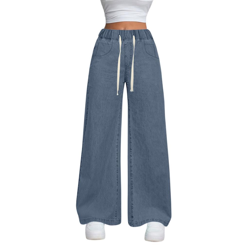 Women's High Waist Drawstring Large Straight Leg Loose Casual Trousers Jeans