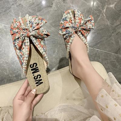 Sommer Slipper 2024 Flache Hausschuhe für Frauen Outdoor Perle Slipper Leinen Einlegesohle Gebrochene Blume Bogen Sandalen Pantuflas Para Mujer