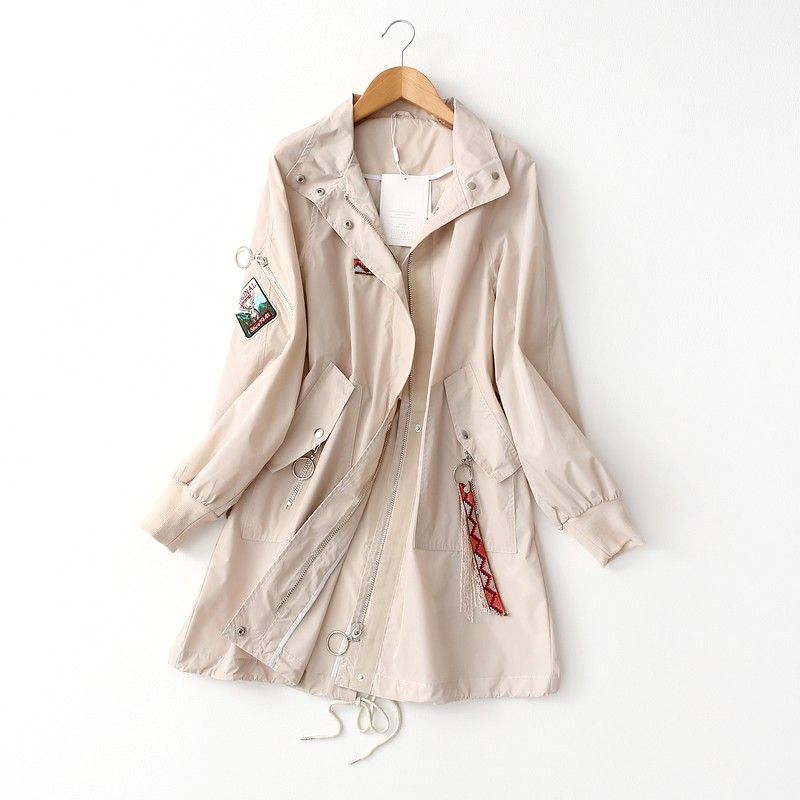 

Heavy Embroidery Sequins Embroider Japanese Style Waist-Tight Outdoor Waterproof Windbreaker Female Spring and Autumn Mid-Length Parka Zipper Outwear Rice White One size