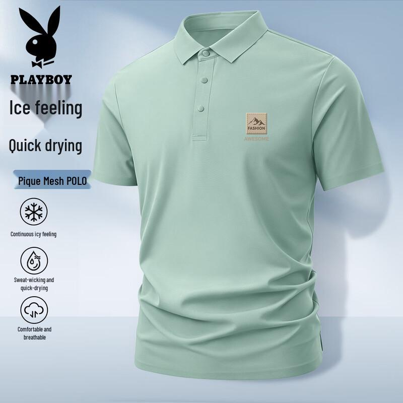 PLAYBOY Men s Premium Ice Silk Short Sleeve Polo Shirt L