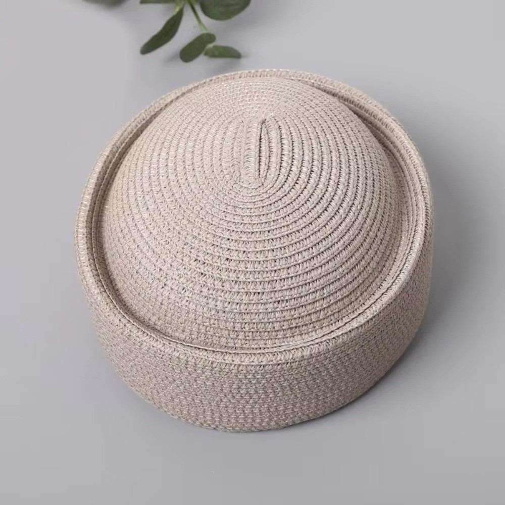 

Flat Top Handemad Straw Pillbox Hat Breathable Pillbox Cap Versatile Straw Sun Hat Summer Season серый