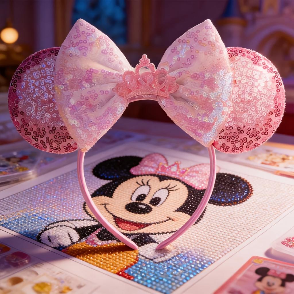 Disney Minnie Headband Shiny Sequin Bow Cute Cartoon Hair Accessory Cute Shiny Diamond Craft Crown Decoration