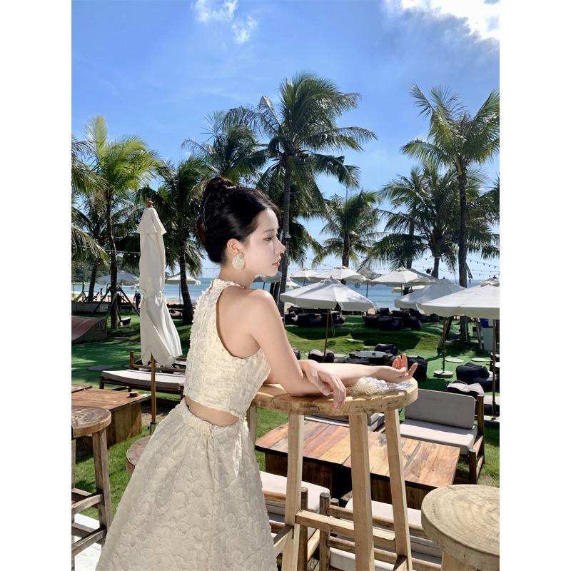 French Neck Sling Dress Women's Summer High-end Temperament Showing Thin Waist Long Dress Seaside Vacation Beach Dress