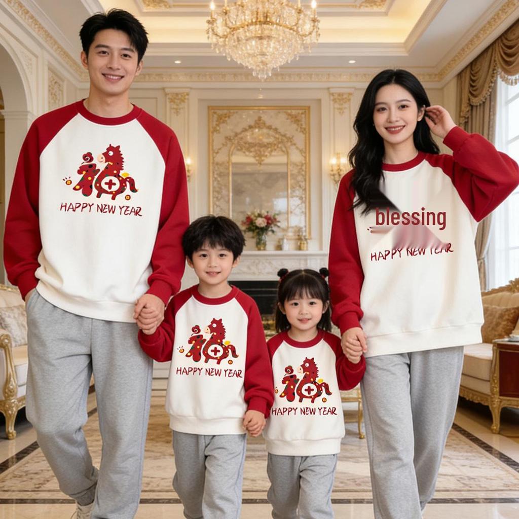 Trendy Year of the Horse New Year Red Sweatshirt for Family Portraits - Parent-Child Outfits for Family of Three or Four