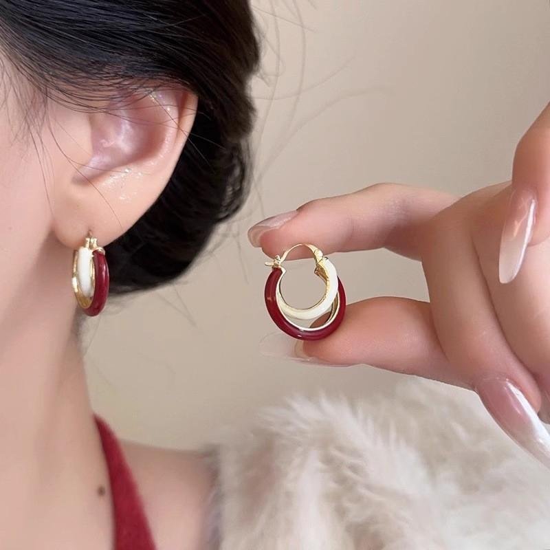 Red Ribbon Bow-knot Vintage Stud Earrings For Women Korean Fashion Autumn Winter Simple Bow Red Stud Earrings Geometric Earring