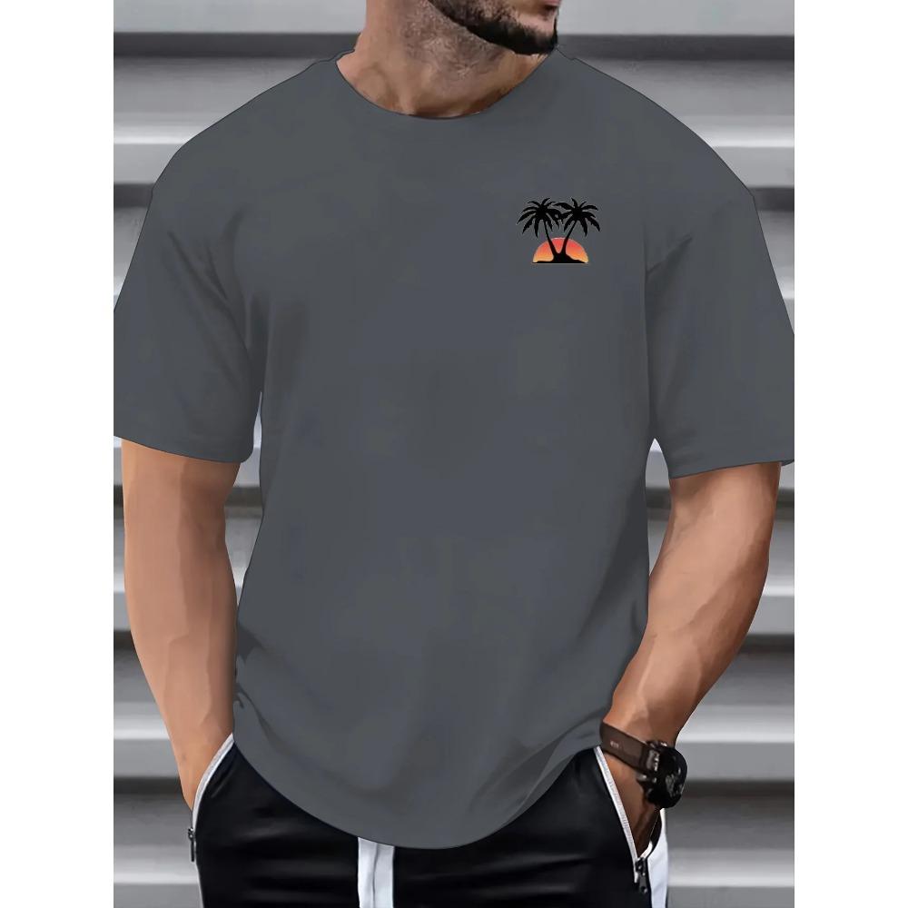 Men's Summer Cotton Fashionable Casual Loose Sports Coconut Tree and Sunset Pattern Printed Round Neck Short Sleeved T-shirt