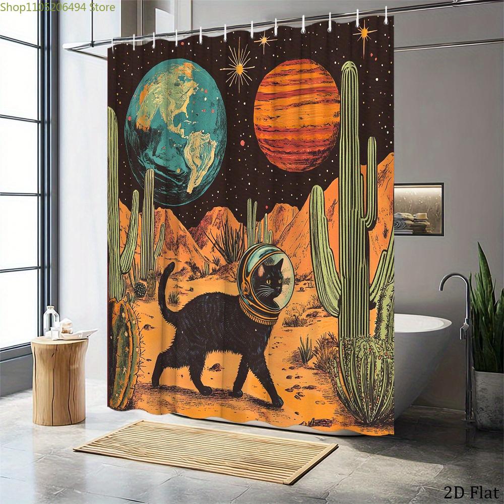 1pc Vibrant Easy to Clean & Install Retro Space Cat Shower Curtain - Astronaut Feline on Desert Planet, 60s Style Polyester Fa