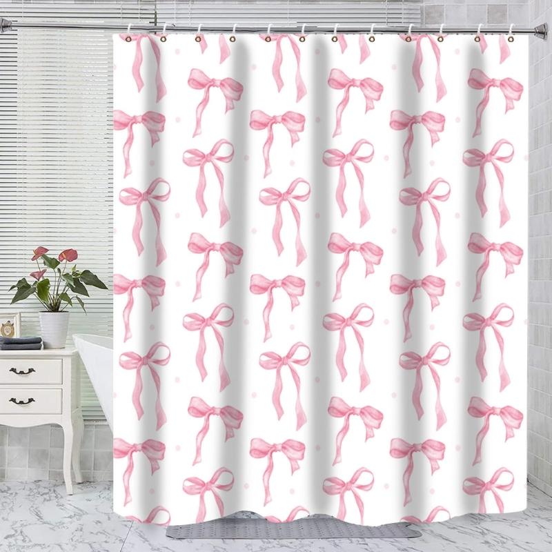 Stylish Bowknot Bath Curtain Water Resistant Fabric Shower Curtain Easy Maintenances Household Hotel Bathroom Use