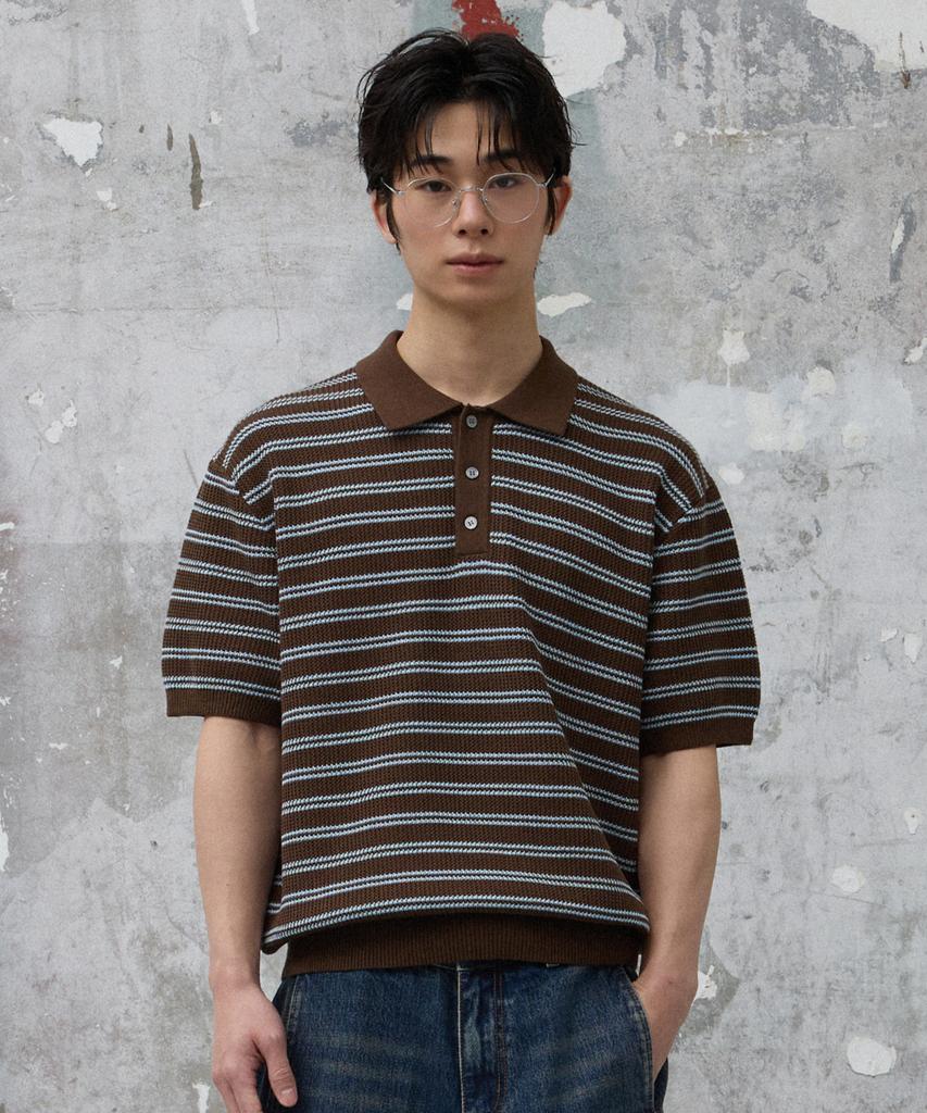 Age O.D. Collar Button Stripe Half Knit [Brown]