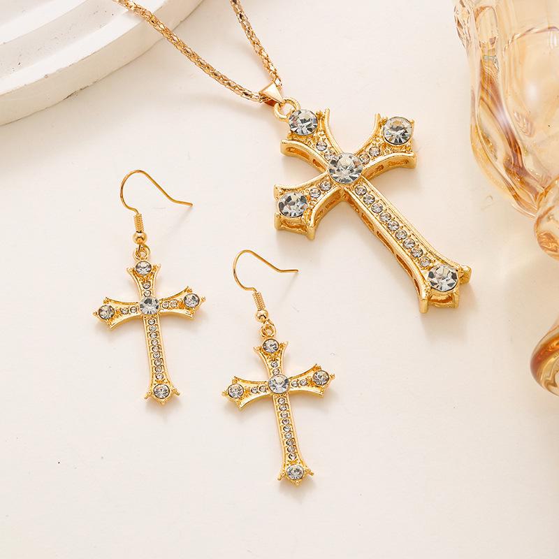 European-American Punk Diamond Cross Necklace & Luxury Earrings Set for Women