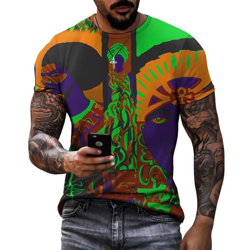 Summer Round Neck 3D Vibrant Ethnic Print Top Fashionable Casual Short Sleeved Men's T-shirts