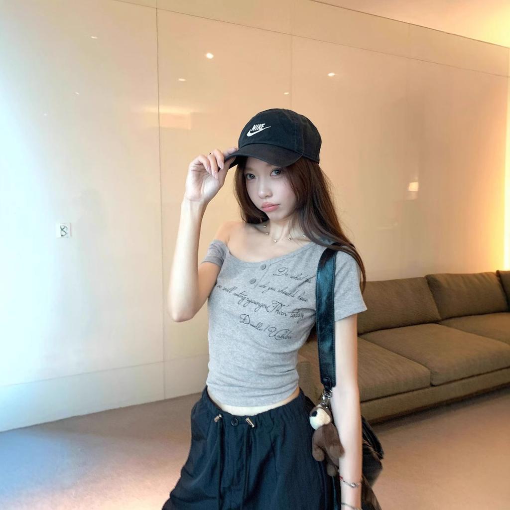 Women's Off Shoulder Short Sleeve Crop Top Slim Fit Vintage Letter Print T Shirt Summer Y2K Casual Spice Girl Blouse
