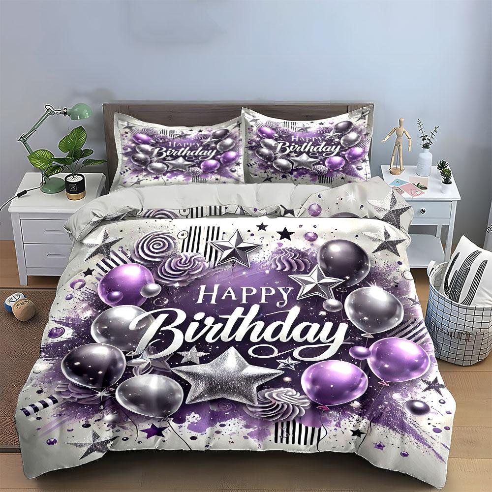 Purple Silver Birthday Design Bedding Duvet Cover Set Duvet Cover Pillowcases  (1*Duvet Cover 2*Pillowcases, Without Duvet Insert)