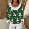 Women's Fashion Plush V Neck Pullover Top Long Sleeve Tee Christmas Printed Sweatshirt
