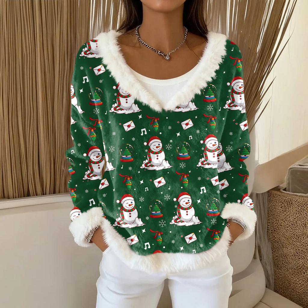 Women's Fashion Plush V Neck Pullover Top Long Sleeve Tee Christmas Printed Sweatshirt
