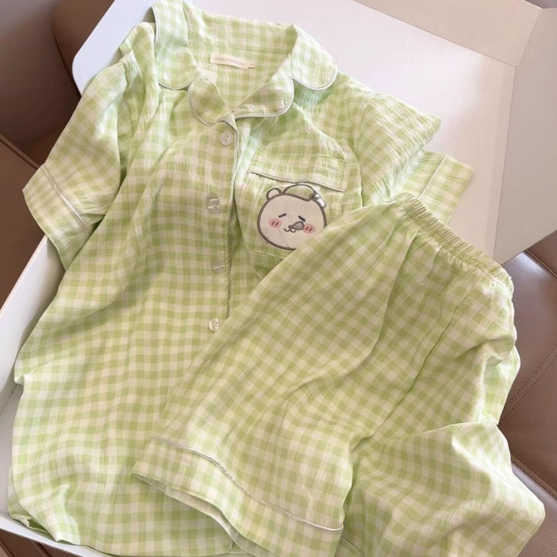 

Plaid self-deprecating bear pajamas women s summer new short-sleeved shorts Japanese cute student loungewear suit outer wear S [recommended weight 80-95]