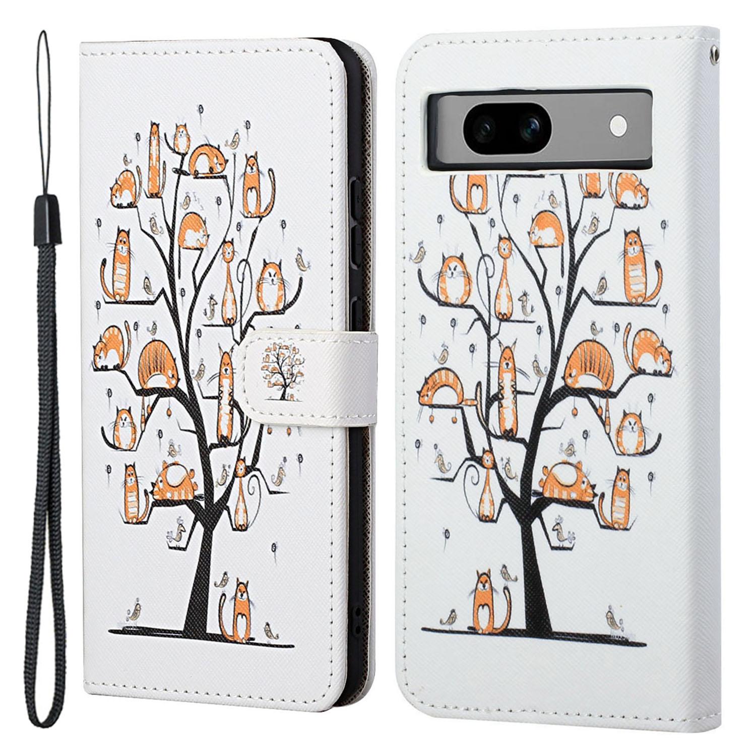 

For Google Pixel 8a Flip Phone Case 3D Pattern Printing Wrist Strap Stand Cover Cat and Tree